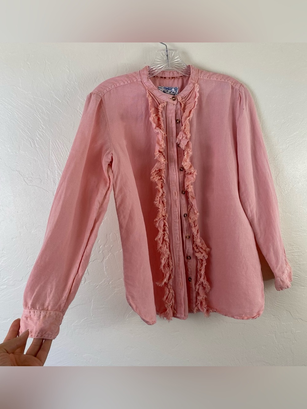 Anthropologie Pilcro XS Salmon Pink Linen Ruffled Button Down Long Sleeve Blouse
